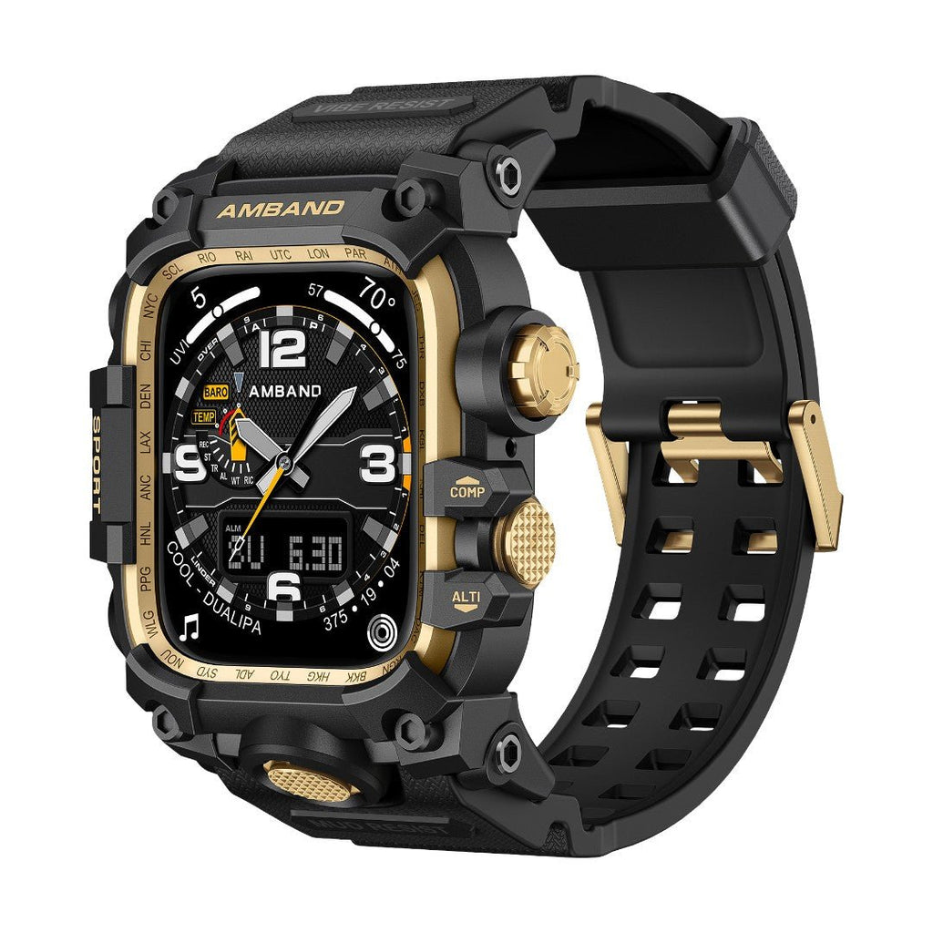 Coque noire et dorée renforcée en alliage de zinc pour Apple Watch, style militaire avec boucles sécurisées et design.