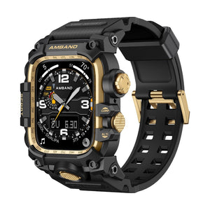 Coque noire et dorée renforcée en alliage de zinc pour Apple Watch, style militaire avec boucles sécurisées et design.