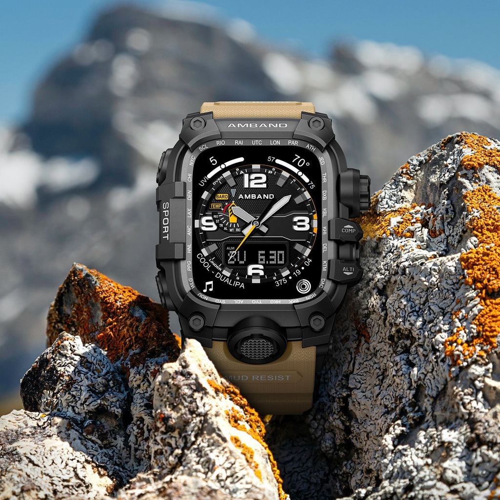 Coque intégrale noire en alliage de zinc pour Apple Watch avec bracelet beige renforcé, design militaire robuste et boucle.