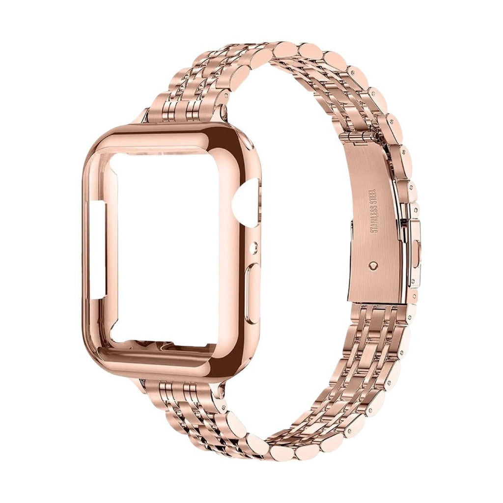 Coque intégrale en acier inoxydable rose doré brillante avec bracelet maillé et fermeture déployante pour Apple Watch.
