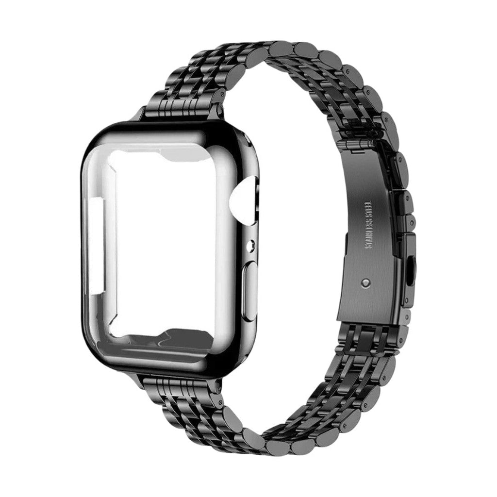 Coque intégrale noire en acier inoxydable brillant pour Apple Watch avec bracelet maillé et fermeture déployante élégante.
