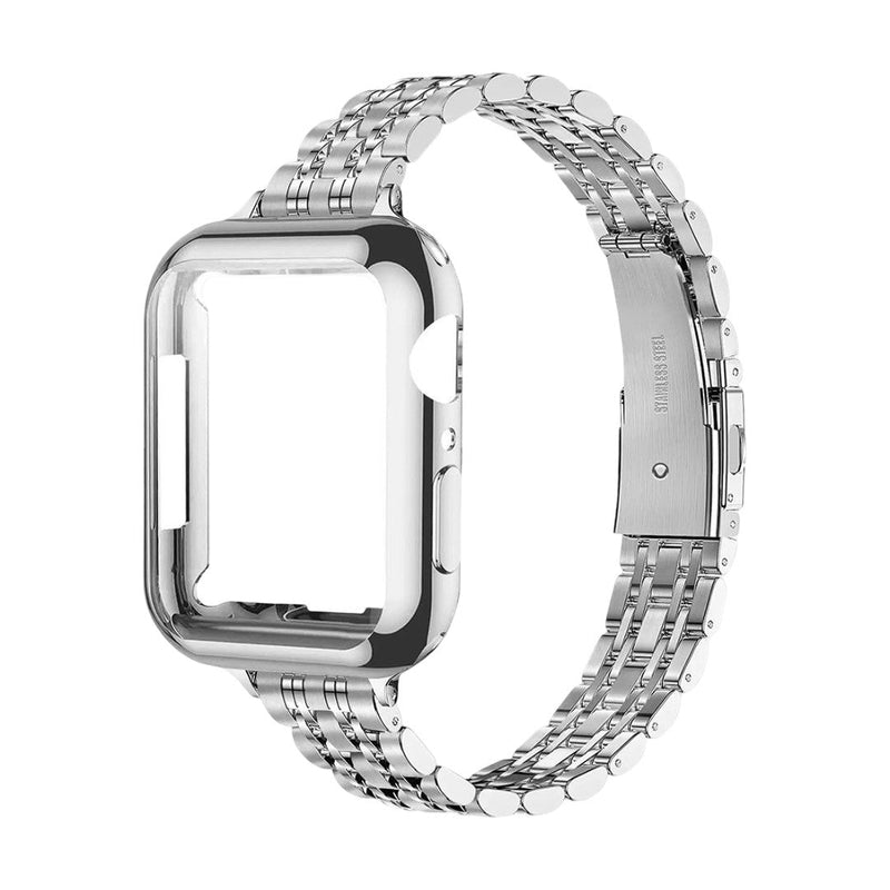 Coque intégrale en acier inoxydable brillant pour Apple Watch avec bracelet maille fine et fermeture déployante argentée.