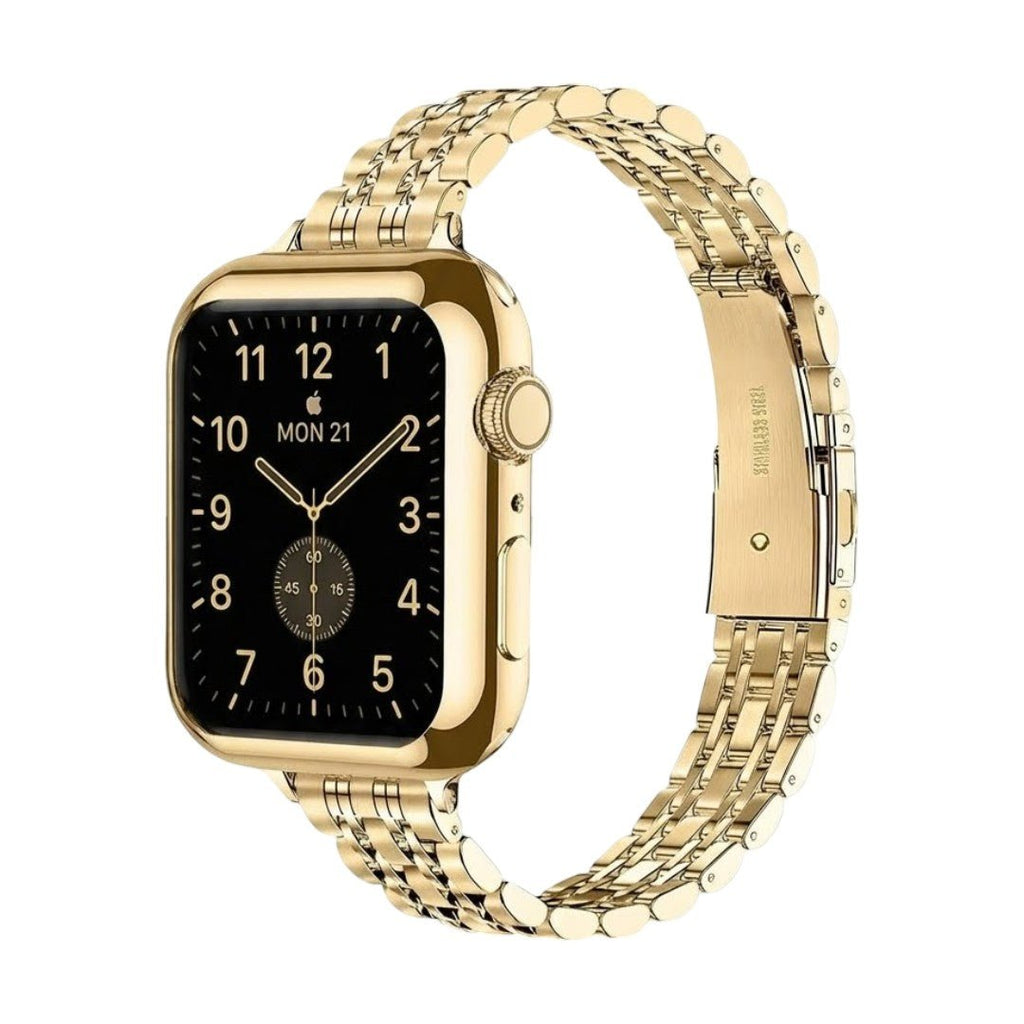 Coque intégrale dorée en acier inoxydable brillant pour Apple Watch avec bracelet chaîne et fermeture déployante raffinée.