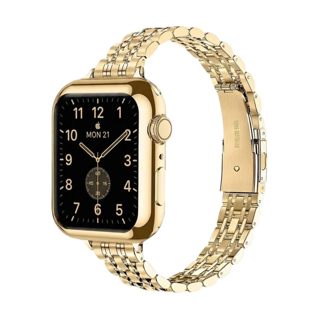 Coque intégrale dorée en acier inoxydable brillant pour Apple Watch avec bracelet chaîne et fermeture déployante raffinée.