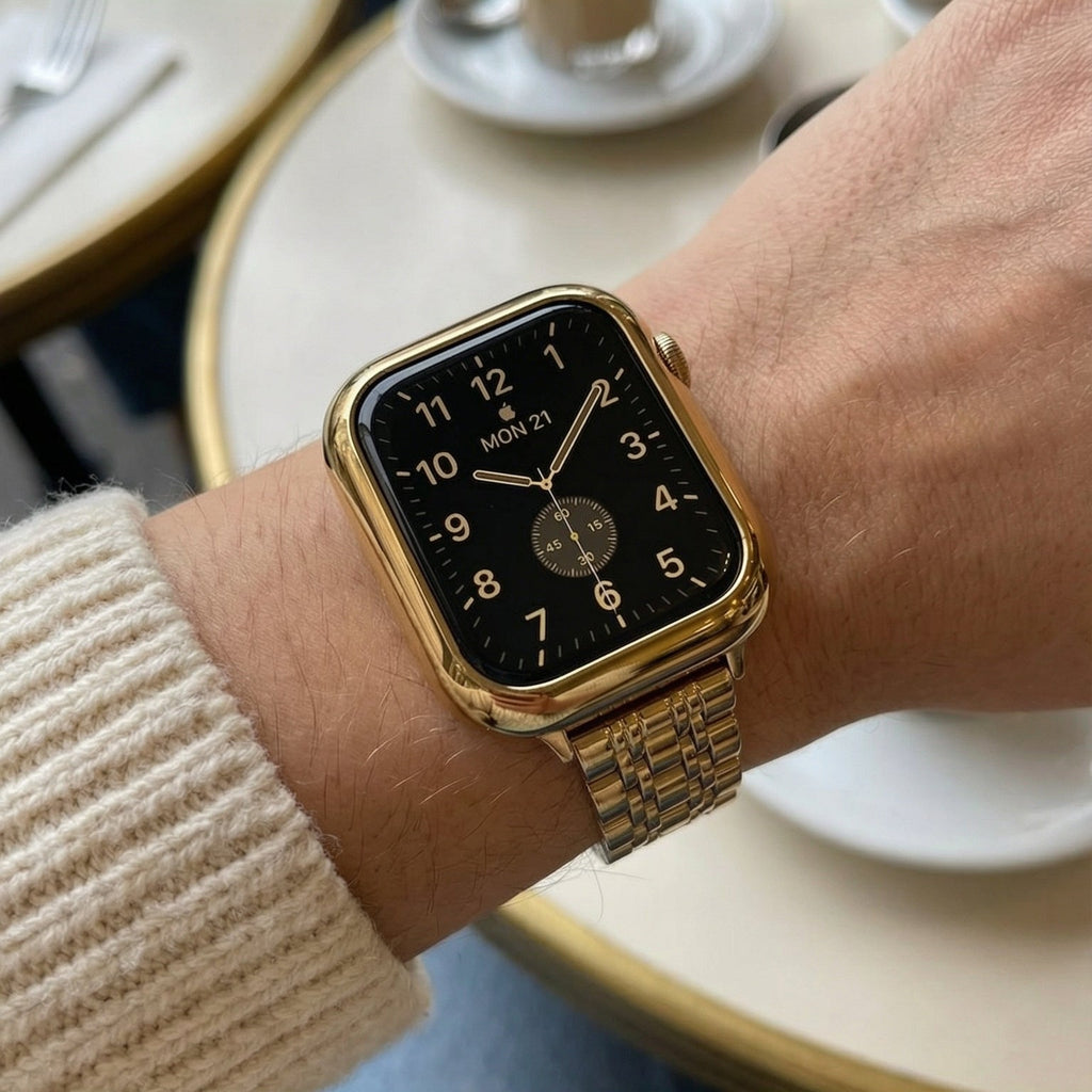 Coque intégrale dorée brillante en acier inoxydable pour Apple Watch avec bracelet maillé et fermeture déployante élégante.