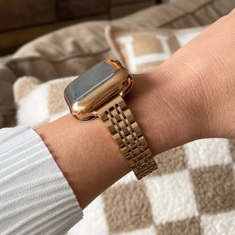 Coque intégrale en acier inoxydable pour Apple Watch, finition brillante, fermeture déployante, design raffiné pour femme, modèle Payda