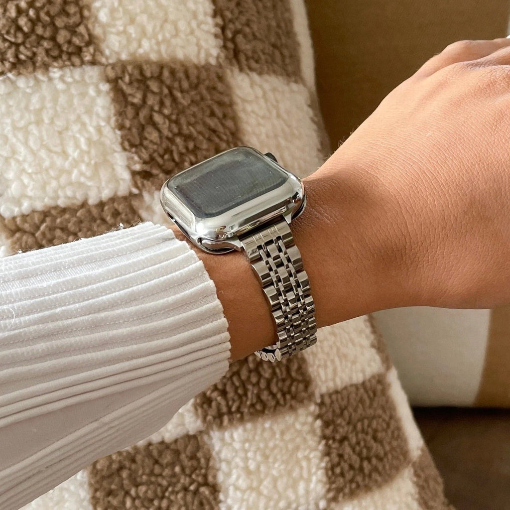 Coque intégrale en acier inoxydable pour Apple Watch, finition brillante, fermeture déployante, design raffiné pour femme, modèle Payda