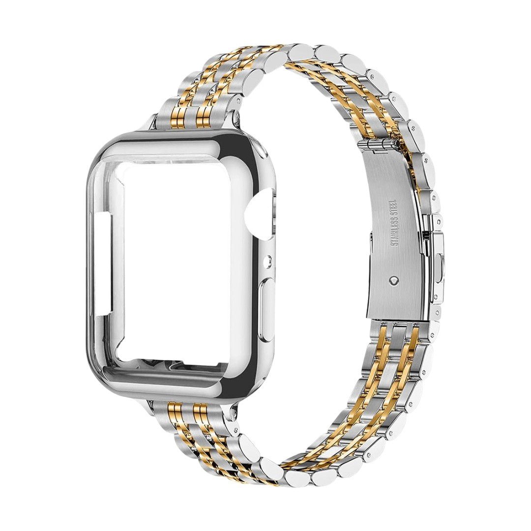 Coque intégrale brillante en acier inoxydable argenté et or pour Apple Watch avec bracelet à maillons et fermeture.