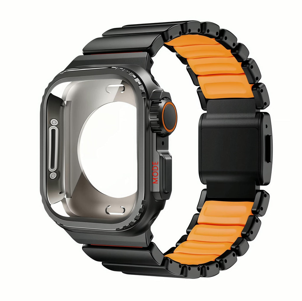 Coque intégrale en titane gris avec intérieur en silicone orange, bracelet robuste à maillons, fermoir noir mat sécurisé.