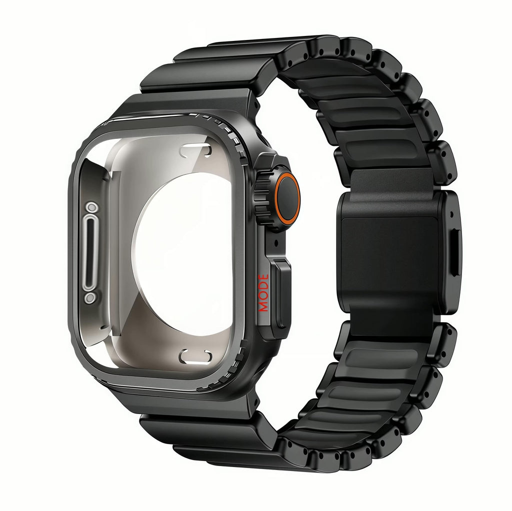 Coque intégrale titane noir mat pour Apple Watch avec bracelet métallique robuste et fermoir sécurisé.