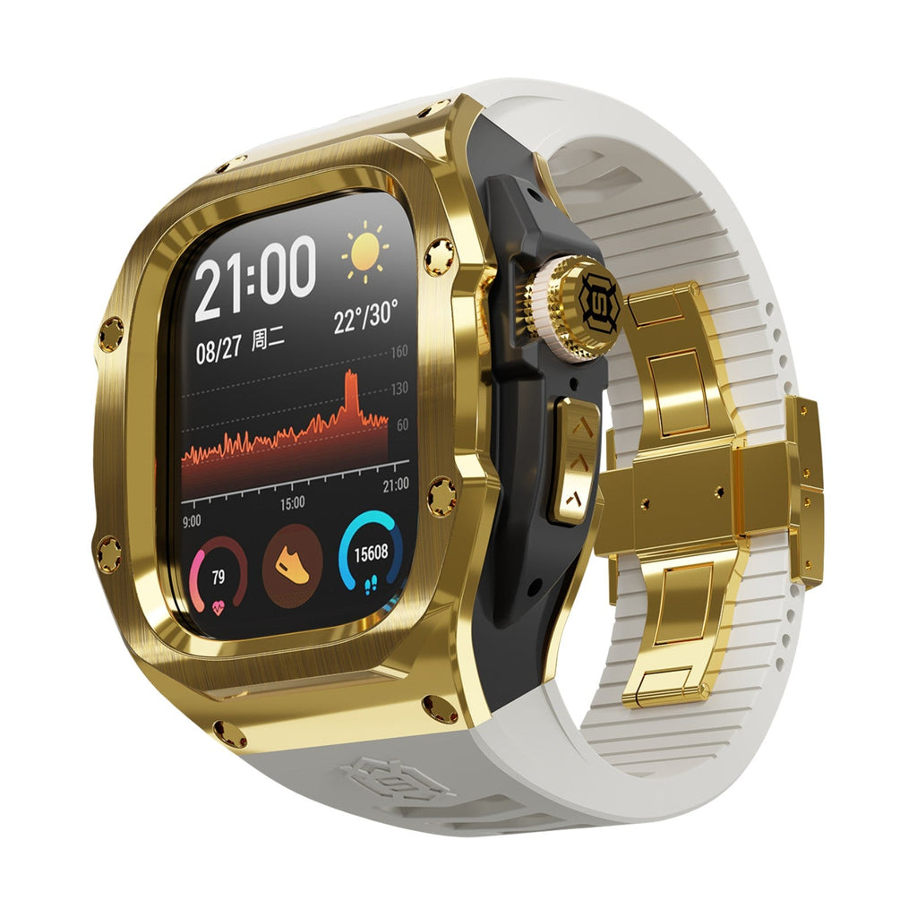 Coque intégrale dorée en métal renforcé pour Apple Watch Ultra 49 mm, design robuste et anguleux, bracelet blanc en silicone