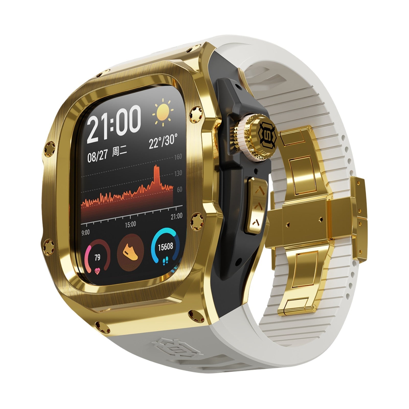 Coque intégrale dorée en métal renforcé pour Apple Watch Ultra 49 mm, design robuste et anguleux, bracelet blanc en silicone