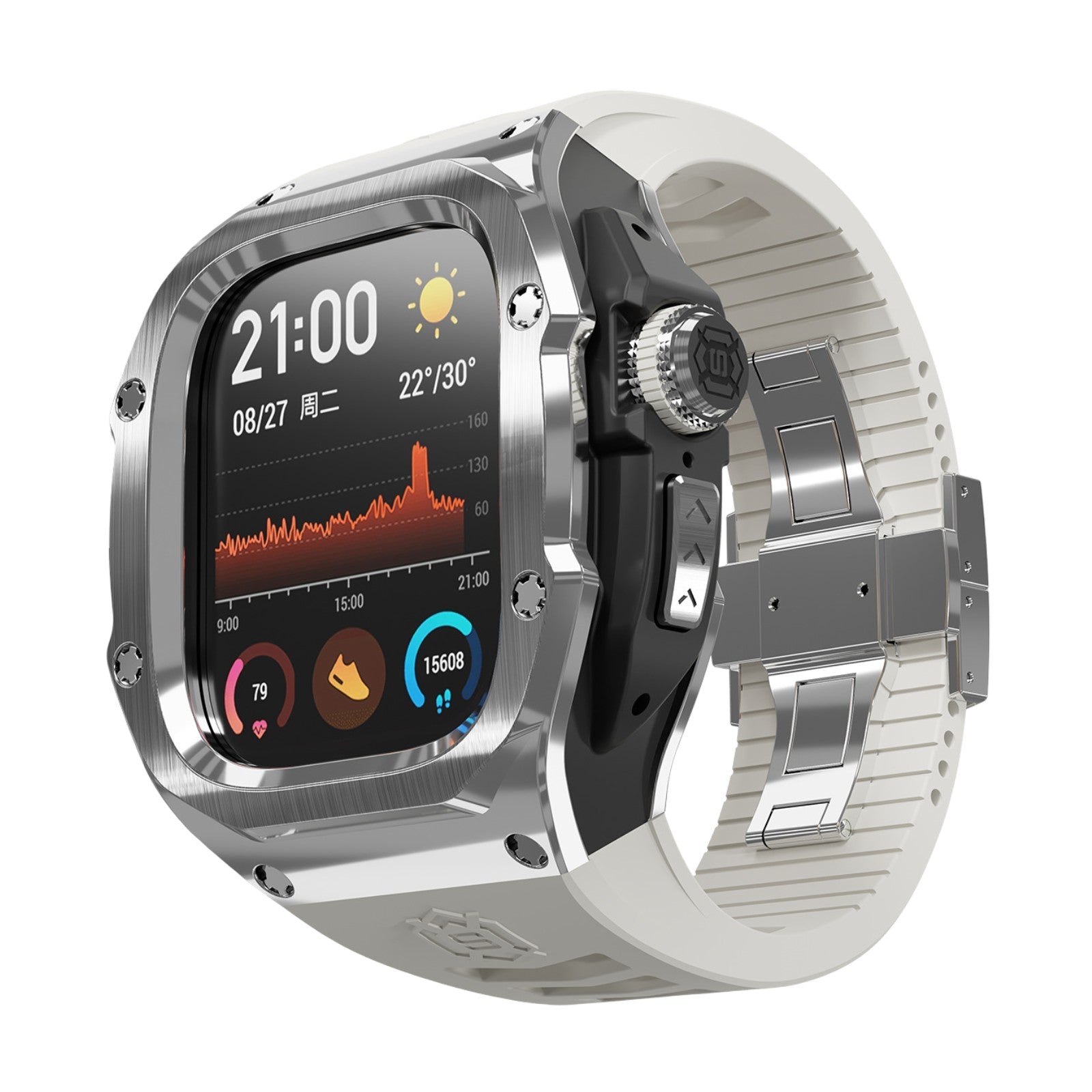 Coque intégrale métal argenté robuste pour Apple Watch Ultra 49 mm avec bracelet blanc et protection des boutons.