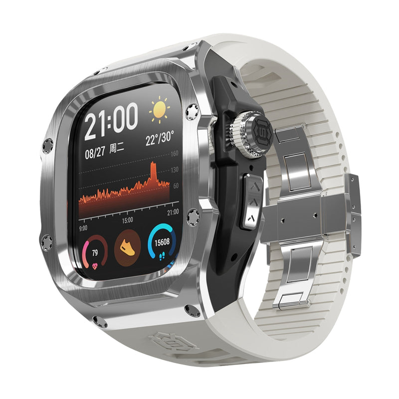 Coque intégrale métal argenté robuste pour Apple Watch Ultra 49 mm avec bracelet blanc et protection des boutons.