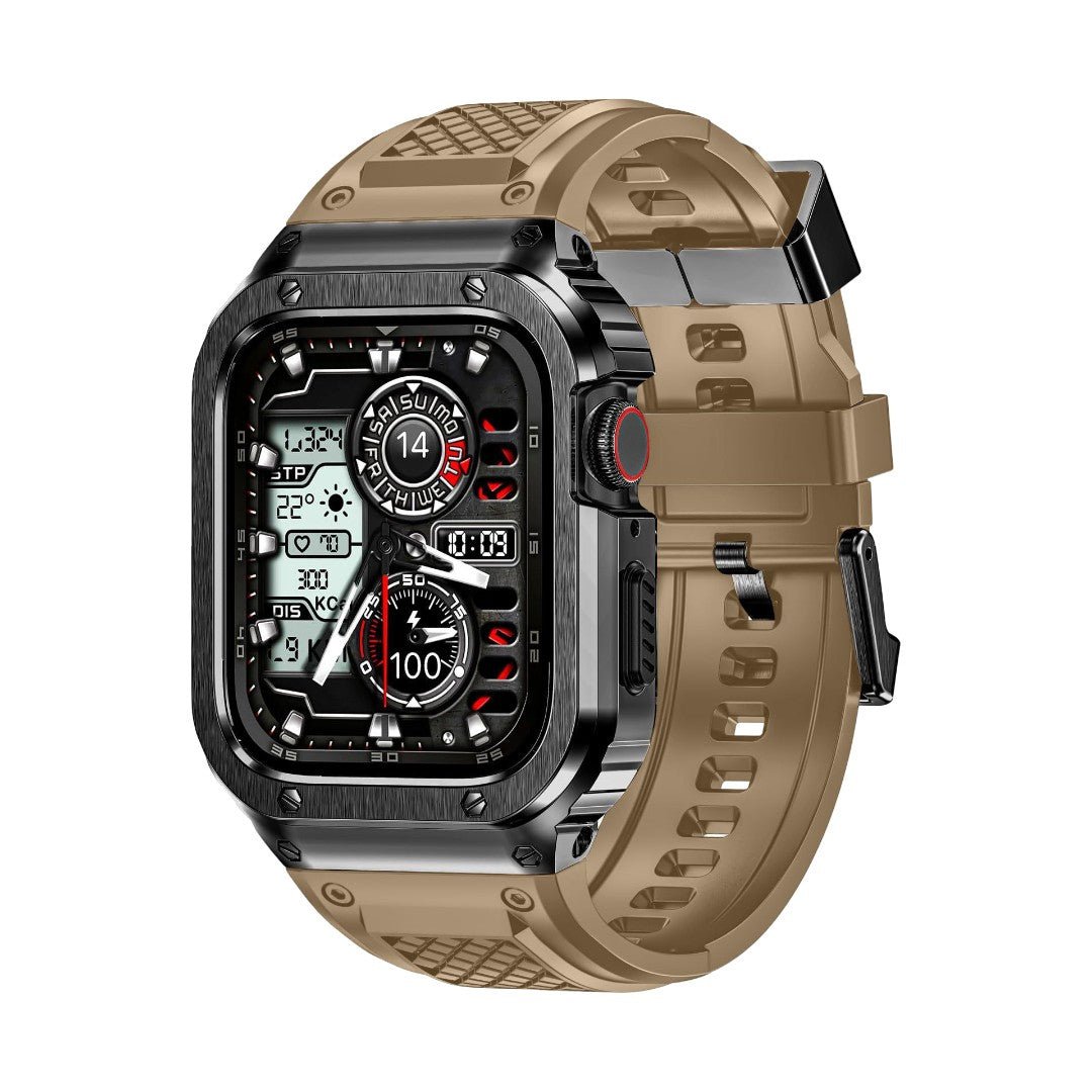 Coque intégrale noire en acier renforcé avec sangle TPU beige à fermoir magnétique pour Apple Watch.