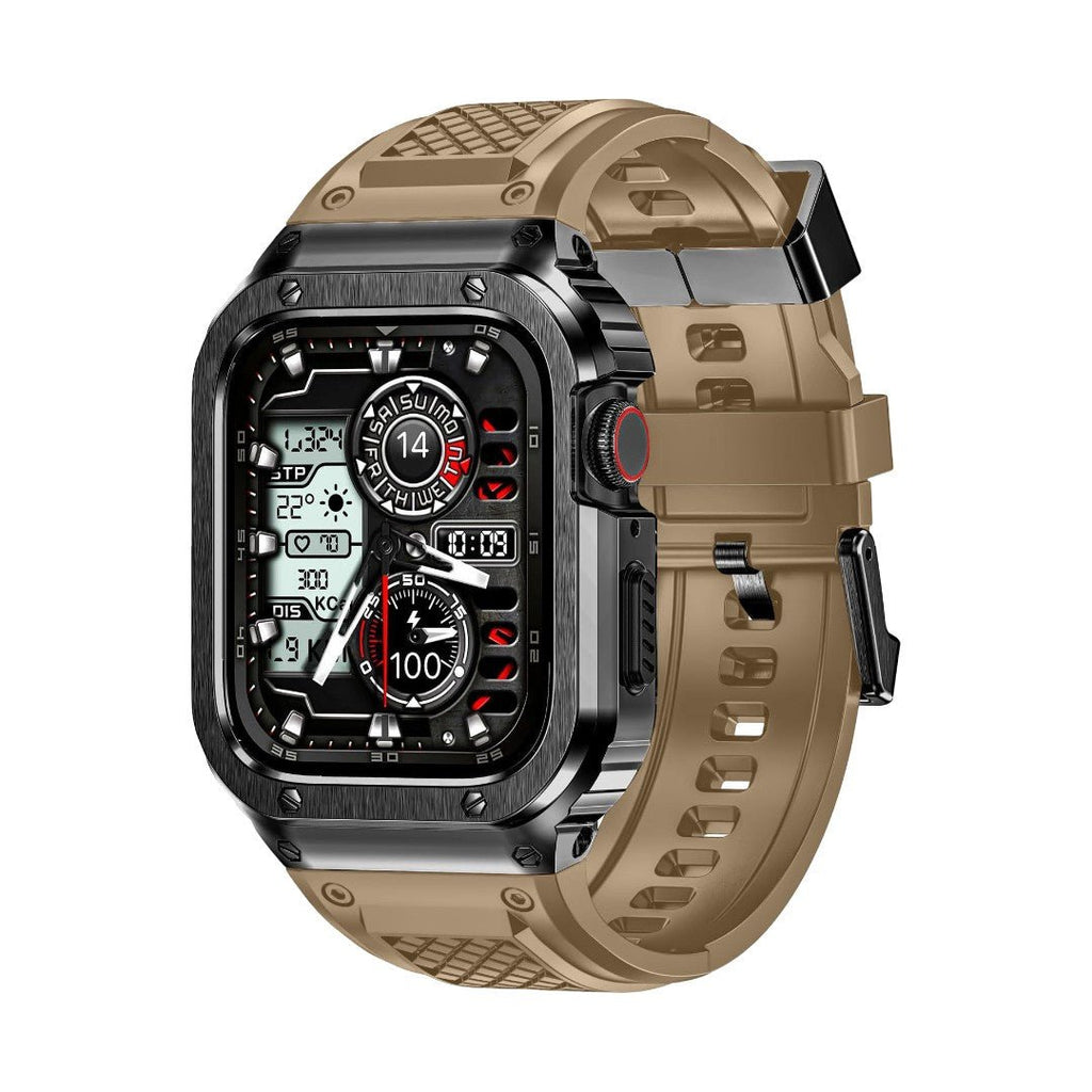 Coque intégrale noire en acier renforcé avec sangle TPU beige à fermoir magnétique pour Apple Watch.