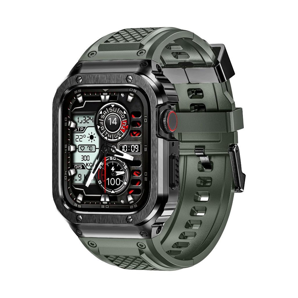 Coque renforcée intégrale acier gris foncé avec bracelet TPU vert armée et fermoir magnétique pour Apple Watch.