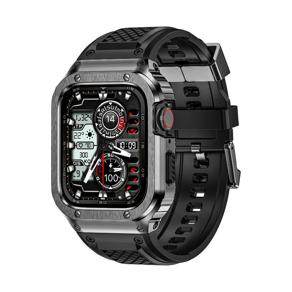 Coque intégrale noire renforcée pour Apple Watch avec boîtier acier et sangle TPU texturée, fermoir magnétique robuste.