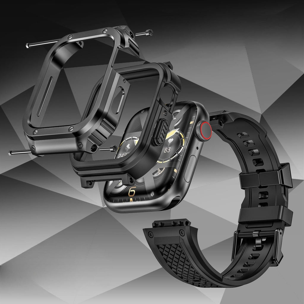 Coque intégrale noire en acier avec sangle TPU texturée et fermoir magnétique pour Apple Watch.