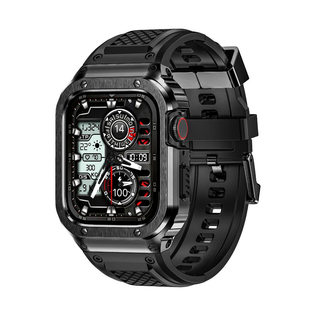 Montre Apple Watch avec coque intégrale noire en acier, bracelet TPU noir texturé, fermoir magnétique robuste.