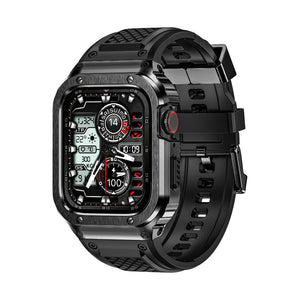 Montre Apple Watch avec coque intégrale noire en acier, bracelet TPU noir texturé, fermoir magnétique robuste.