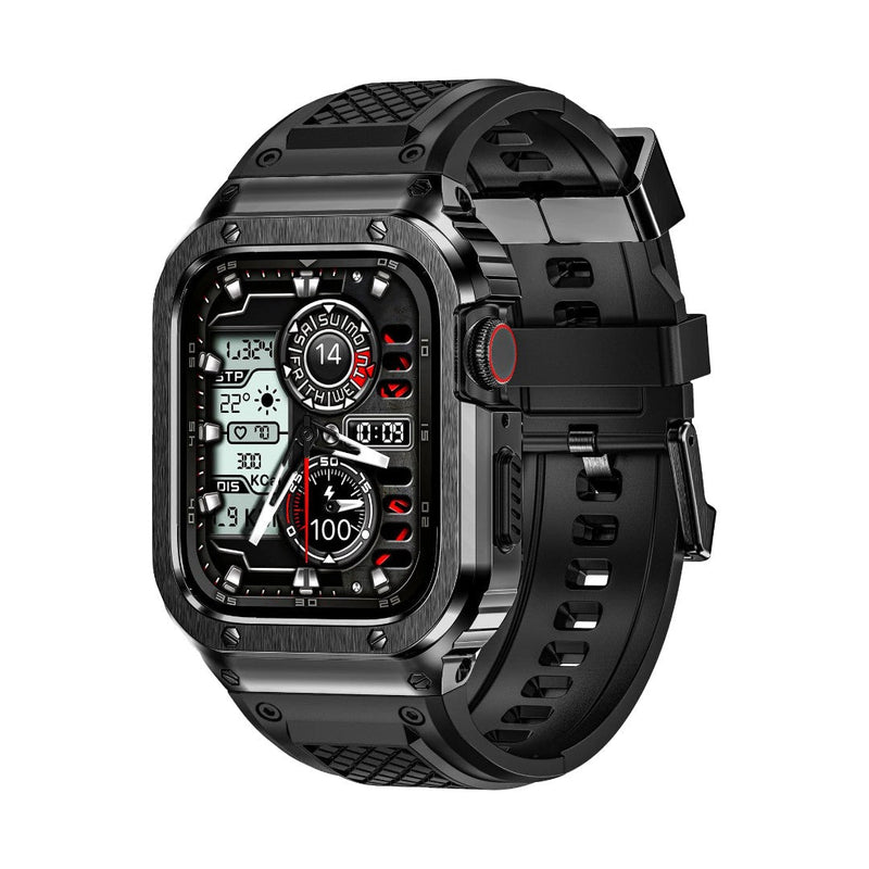 Montre Apple Watch avec coque intégrale noire en acier, bracelet TPU noir texturé, fermoir magnétique robuste.
