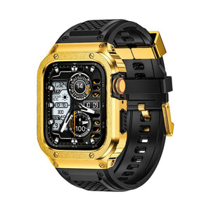 Coque intégrale dorée en acier pour Apple Watch avec sangle noire en TPU et fermoir magnétique robuste.