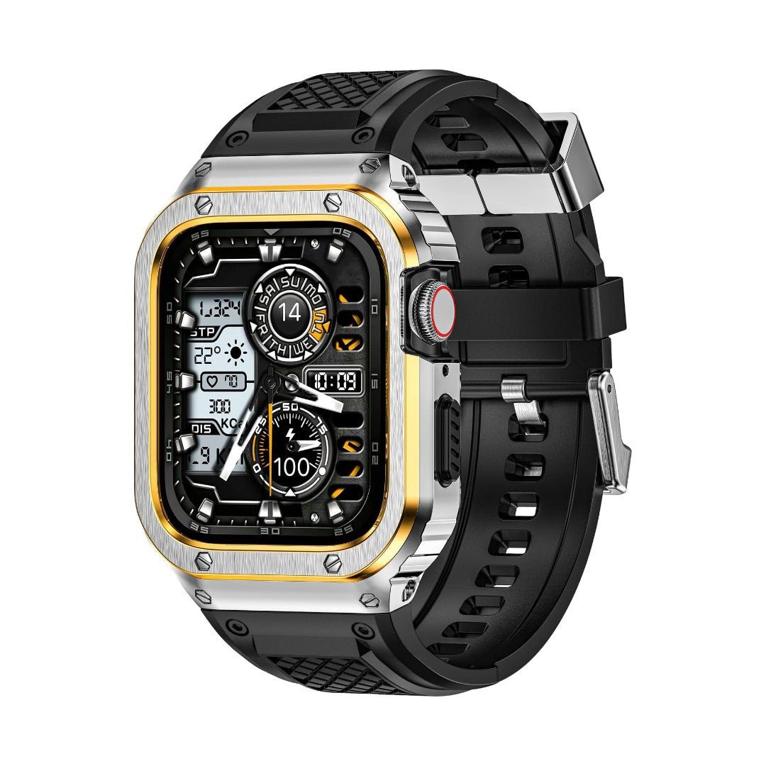 Coque renforcée en acier argenté avec bord doré pour Apple Watch, bracelet TPU noir texturé, fermoir magnétique robuste.