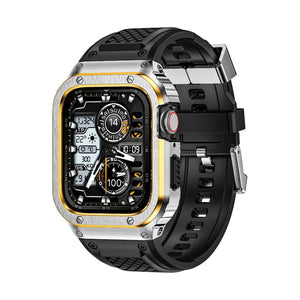 Coque renforcée en acier argenté avec bord doré pour Apple Watch, bracelet TPU noir texturé, fermoir magnétique robuste.