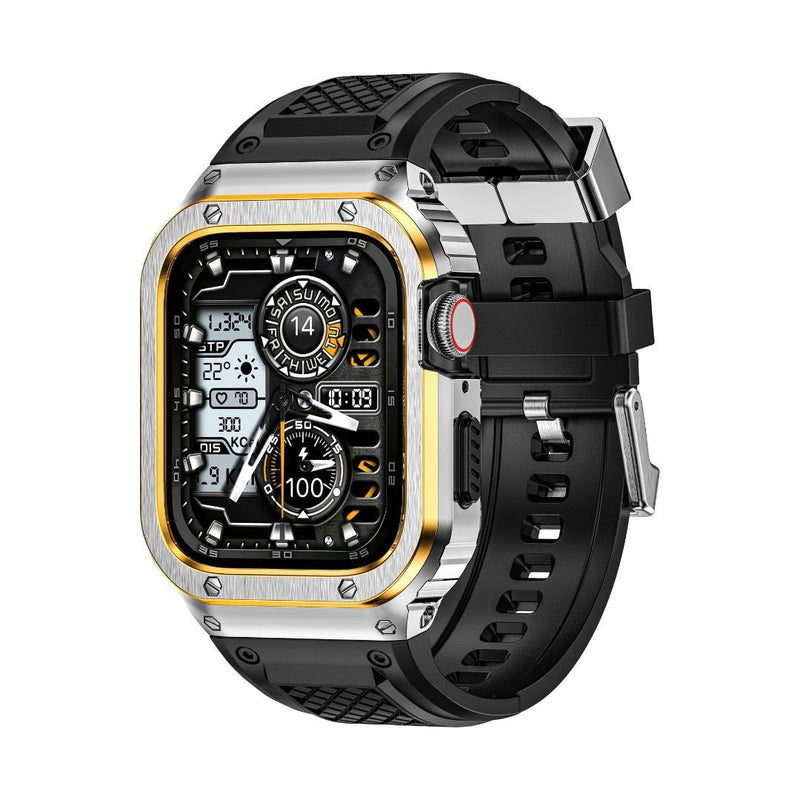 Coque renforcée en acier argenté avec bord doré pour Apple Watch, bracelet TPU noir texturé, fermoir magnétique robuste.
