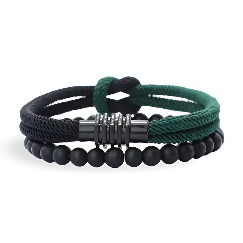 Duo de bracelets homme cordon vert et noir avec perles d'onyx noires et noeud central noir métallique.