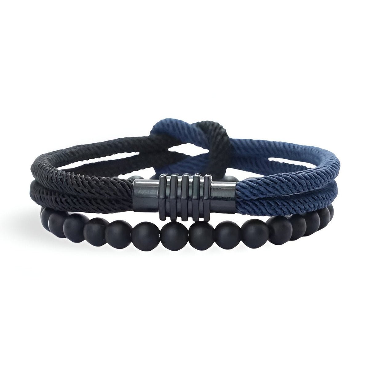Duo de bracelets homme noir et bleu, cordon noué et perles d’onyx mat avec fermoir métal noir.
