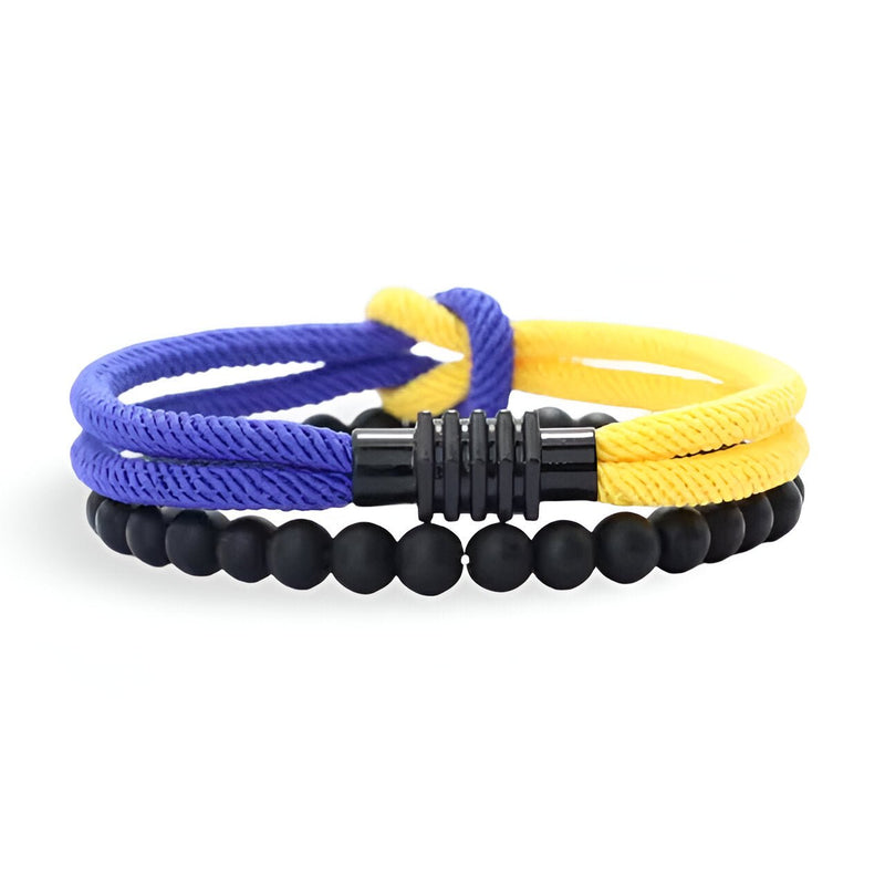 Duo de bracelets, cordon bleu et jaune avec perles onyx noires et fermoir noir inox.