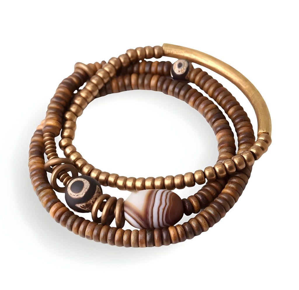 Duo de bracelets en perles de bois marron, cuivre doré et pierres d'agate rayées, style mixte.