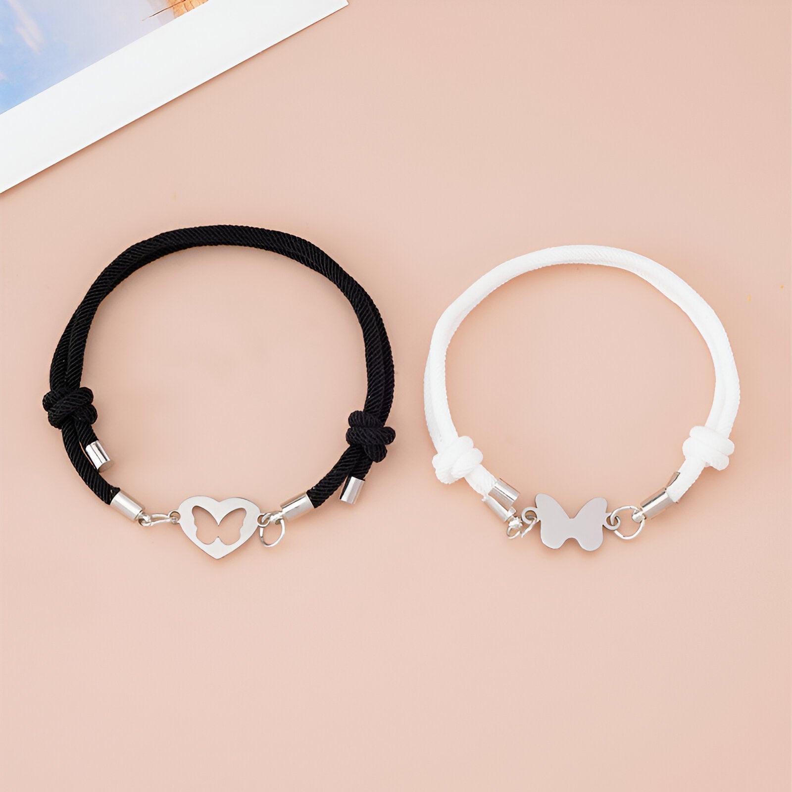 Duo de bracelets cordon, cœur et papillon, idéal pour couple, mixte, modèle Yuri - La Boutique du Bracelet