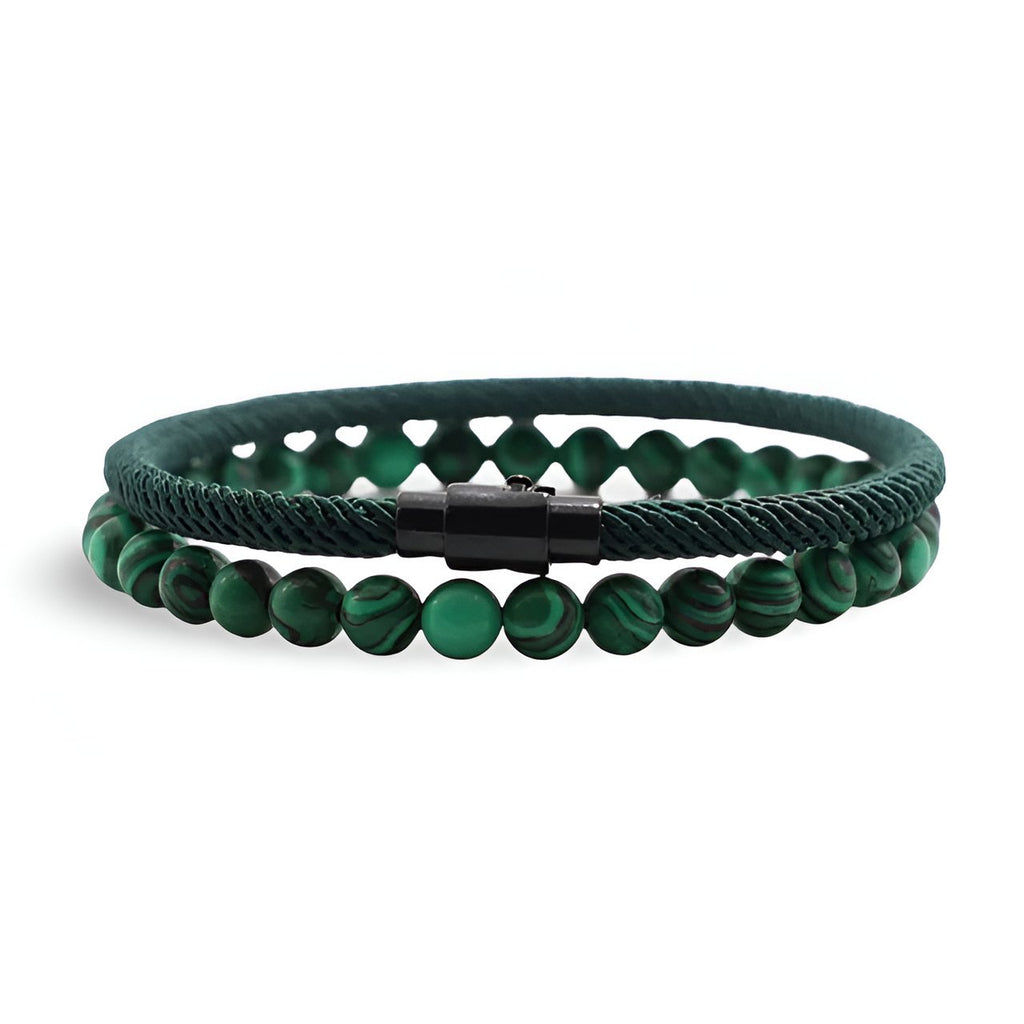 Duo de bracelets pour homme vert malachite, cordon tressé et perles rondes naturelles avec fermoir noir mat.