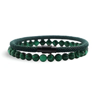 Duo de bracelets pour homme vert malachite, cordon tressé et perles rondes naturelles avec fermoir noir mat.