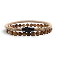 Duo de bracelets homme avec perles en jaspe paysage marron et cordon beige avec fermoir noir mat.