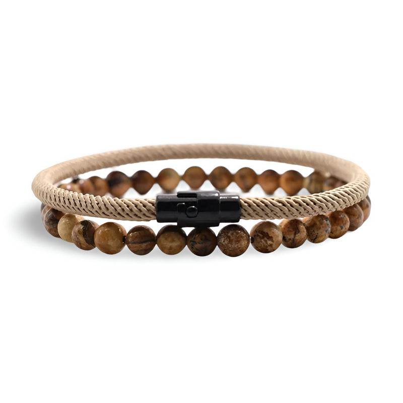 Duo de bracelets homme avec perles en jaspe paysage marron et cordon beige avec fermoir noir mat.