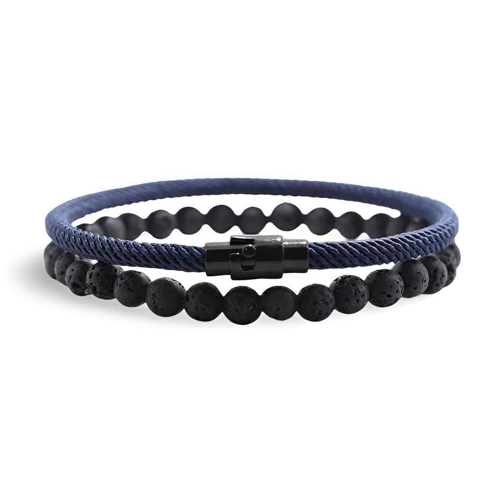 Duo de bracelets pour homme avec cordon bleu marine et perles noires en pierre volcanique, fermoir noir magnétique.