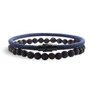 Duo de bracelets pour homme avec cordon bleu marine et perles noires en pierre volcanique, fermoir noir magnétique.