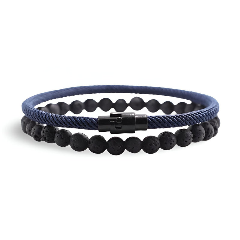 Duo de bracelets pour homme avec cordon bleu marine et perles noires en pierre volcanique, fermoir noir magnétique.
