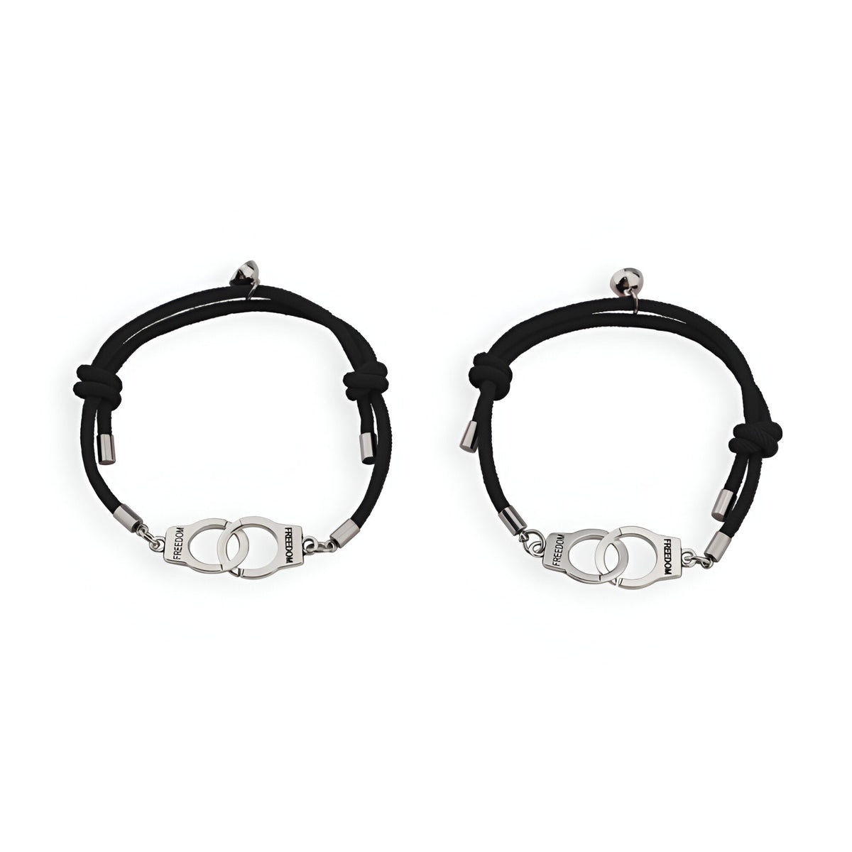 Duo de bracelets cordon noirs avec fermoirs menottes en métal argenté modèle Siene.