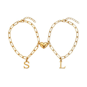 Duo de bracelets couple à maille paperclip acier inoxydable, personnalisables avec initiale, breloque cœur aimantée, taille ajustable, modèle Fondène