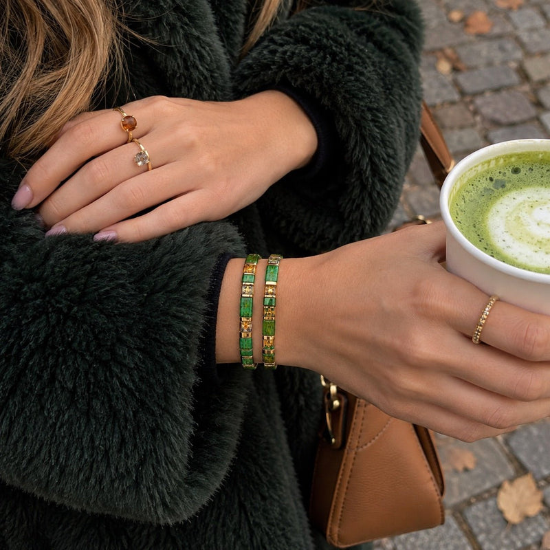 Duo de bracelets élastiques en perles du Japon Tila, vert émeraude, éclats dorés, modèle Kowida