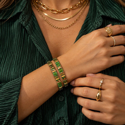 Duo de bracelets élastiques en perles du Japon Tila, vert émeraude, éclats dorés, modèle Kowida