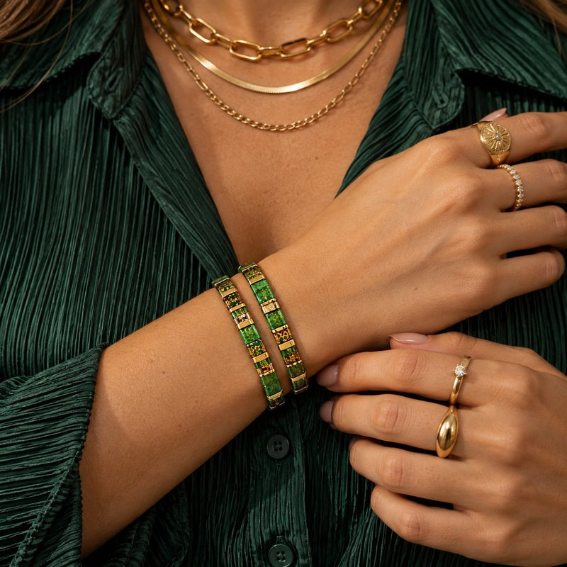 Duo de bracelets élastiques en perles du Japon Tila, vert émeraude, éclats dorés, modèle Kowida