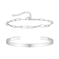 Duo de bracelets homme acier inoxydable, jonc lisse et chaîne maillons allongés argentés.