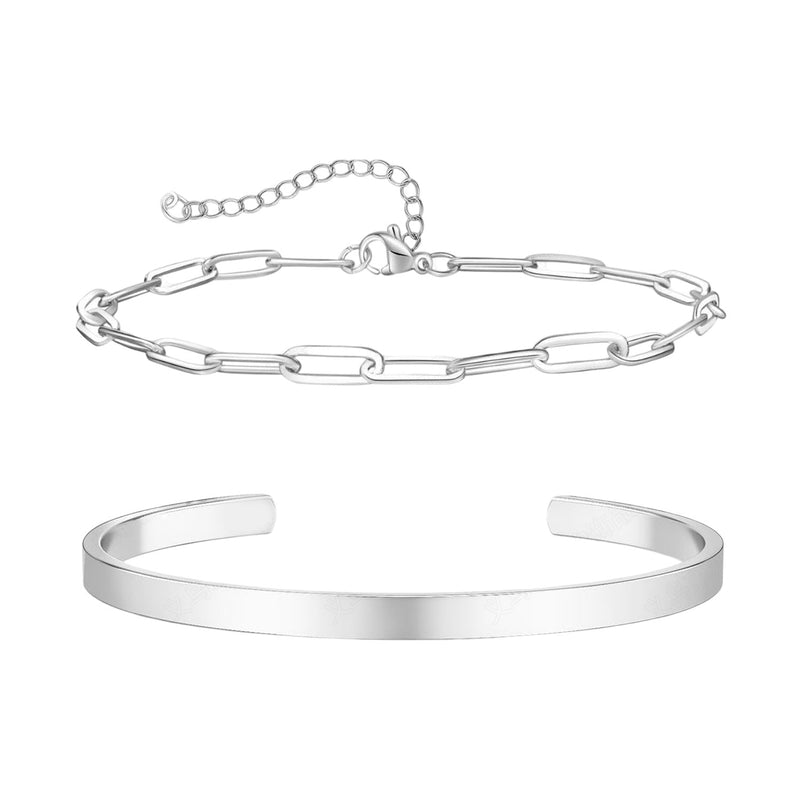 Duo de bracelets homme acier inoxydable, jonc lisse et chaîne maillons allongés argentés.
