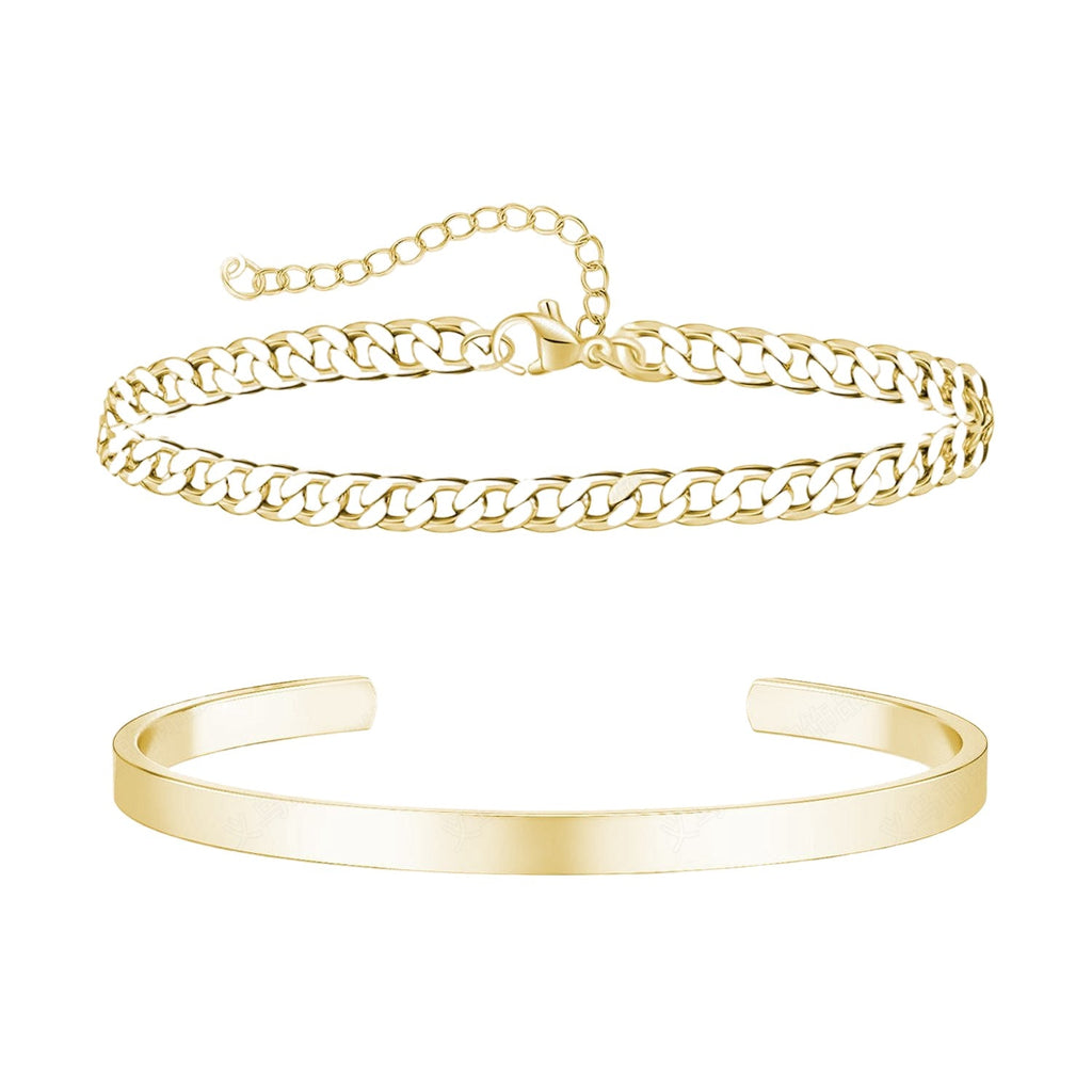 Duo de bracelets homme en acier inoxydable doré, jonc lisse et chaîne cubaine fine ajustable.